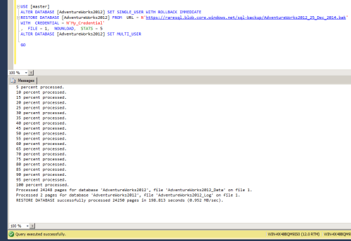 How to RESTORE backup from URL (Windows Azure Storage) - TSQL